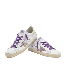 Women | White Super-Star Sneakers with A Glitter Star & Yellow Heel Tab | White x Pink x Yellow