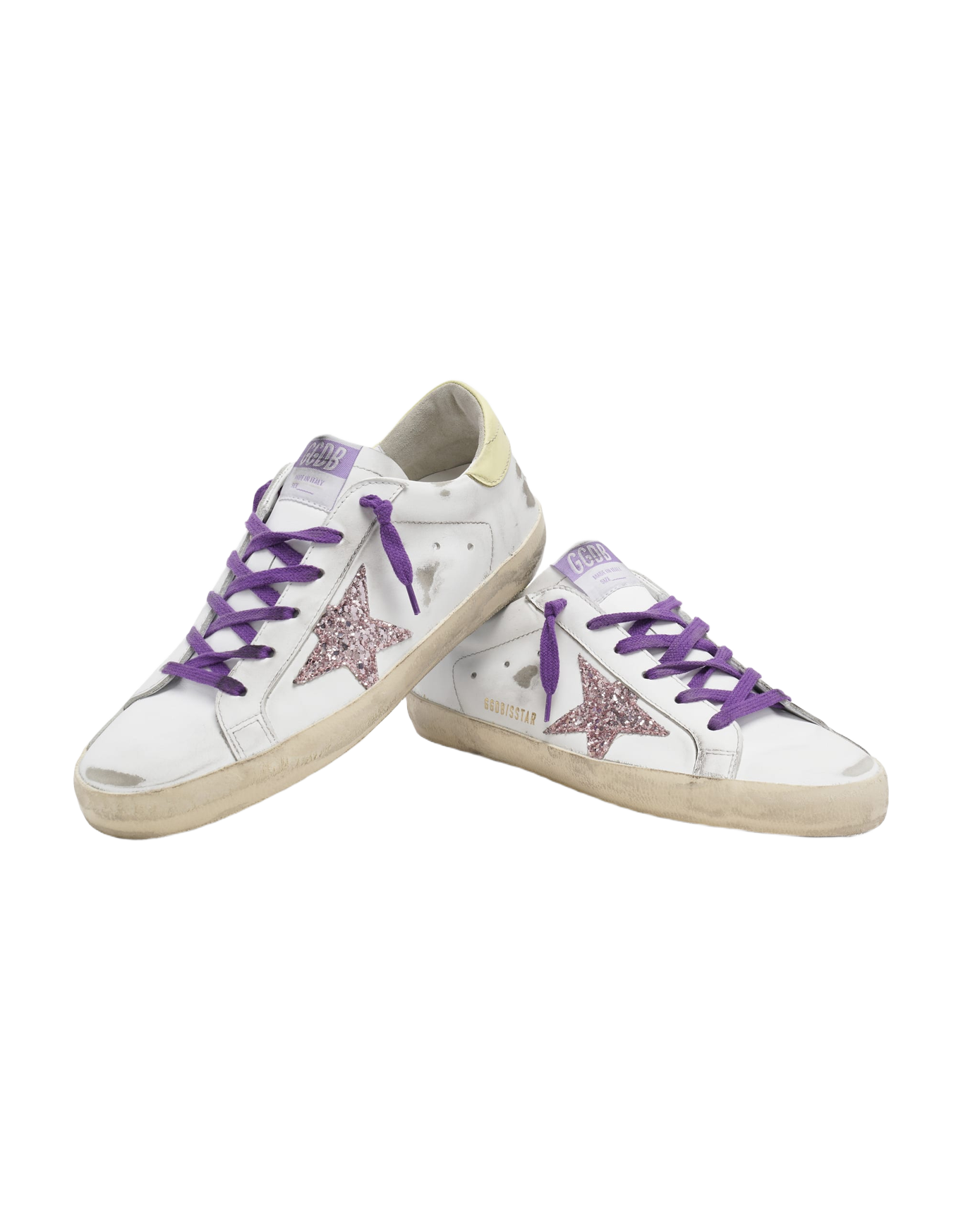 Women | White Super-Star Sneakers with A Glitter Star & Yellow Heel Tab | White x Pink x Yellow