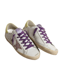 Women | White Super-Star Sneakers with A Glitter Star & Yellow Heel Tab | White x Pink x Yellow