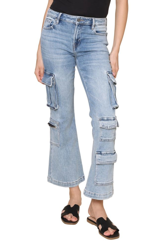 Hidden | Medium Wash High Rise Cargo Jeans | Blue