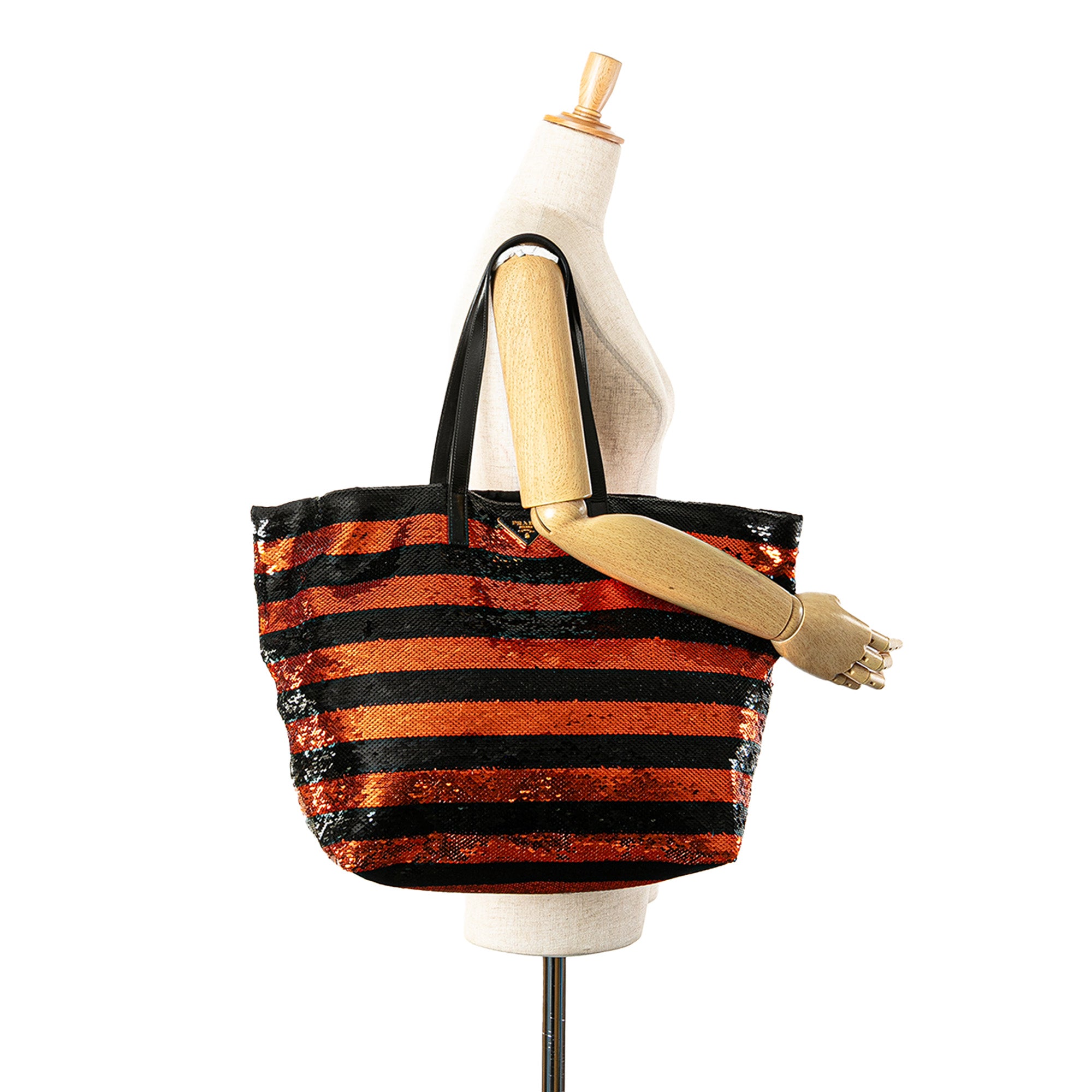 Prada | Pre-Owned Satin Sequin Stripes Tote | Orange