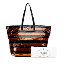 Prada | Pre-Owned Satin Sequin Stripes Tote | Orange