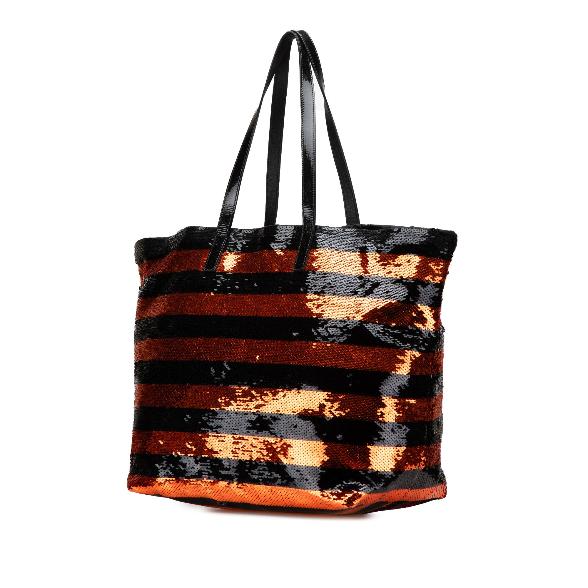 Prada | Pre-Owned Satin Sequin Stripes Tote | Orange