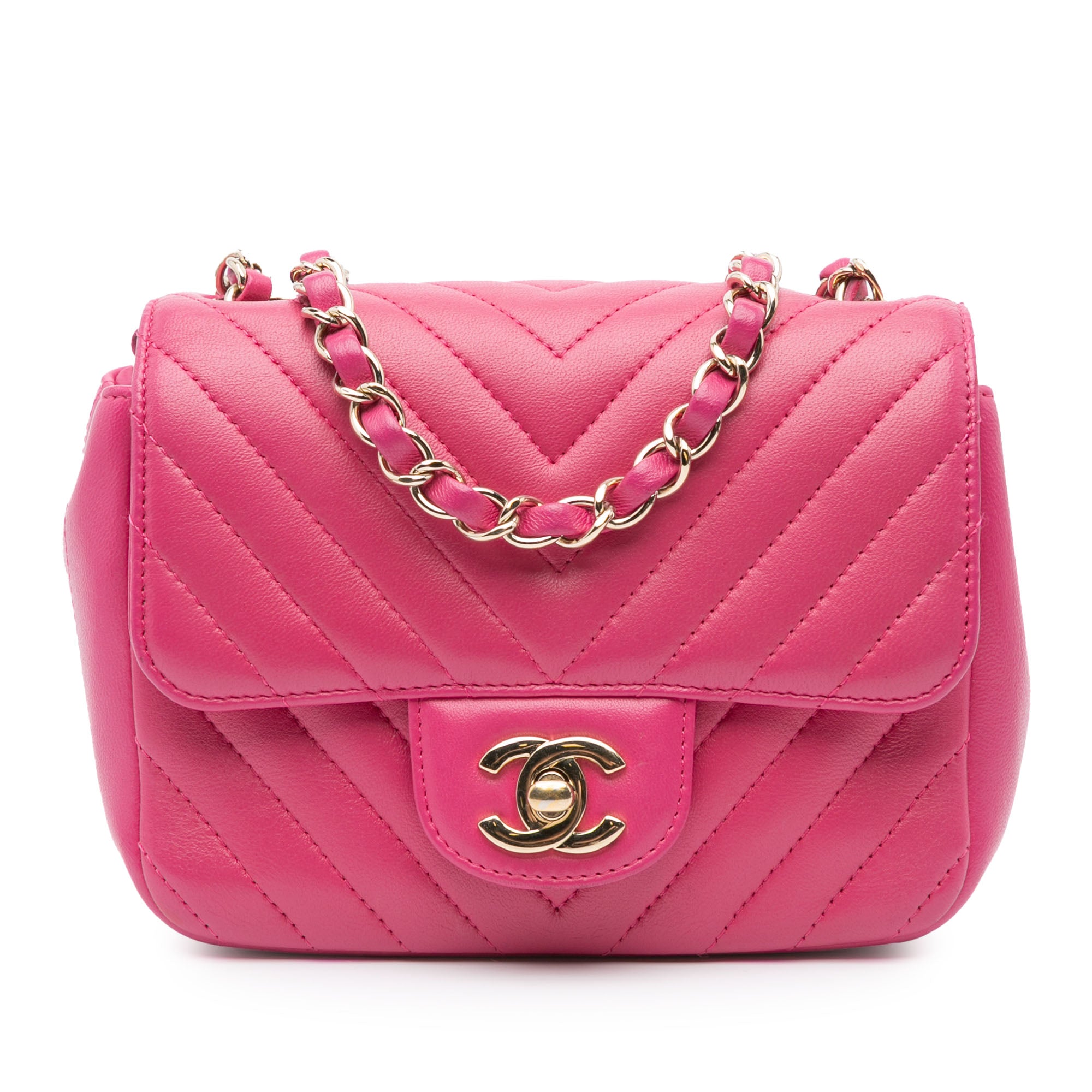 Chanel | Pre-Owned Mini Square Classic Chevron Lambskin Single Flap | Pink