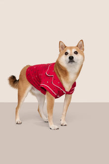 Model is wearing Gisele Printed TENCEL Modal Pet PJ  in Nutcracker Holly Red/Ivory