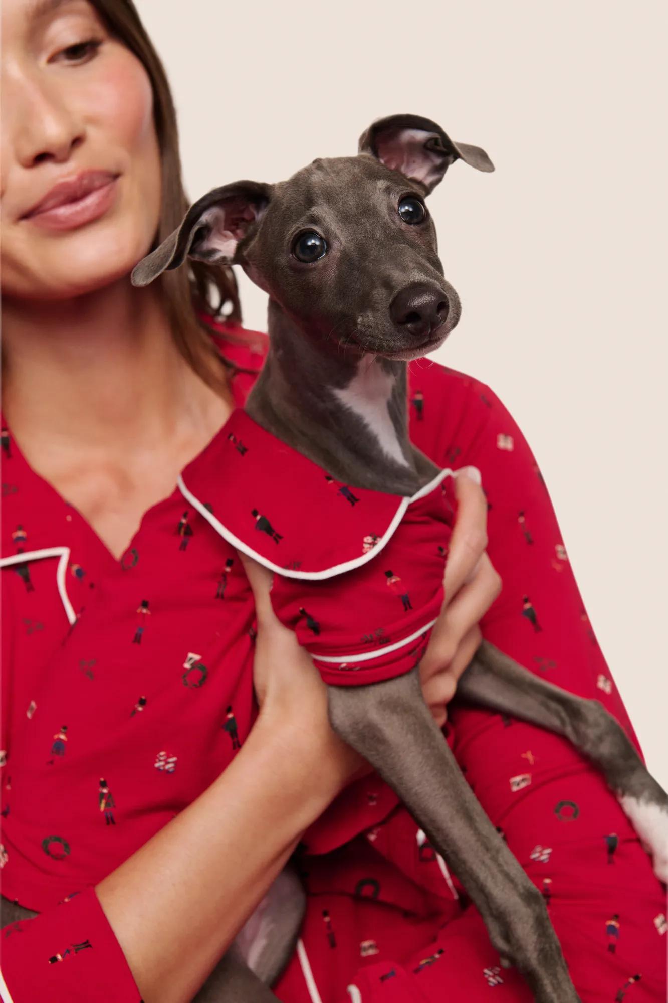 Model is wearing Gisele Printed TENCEL Modal Pet PJ  in Nutcracker Holly Red/Ivory