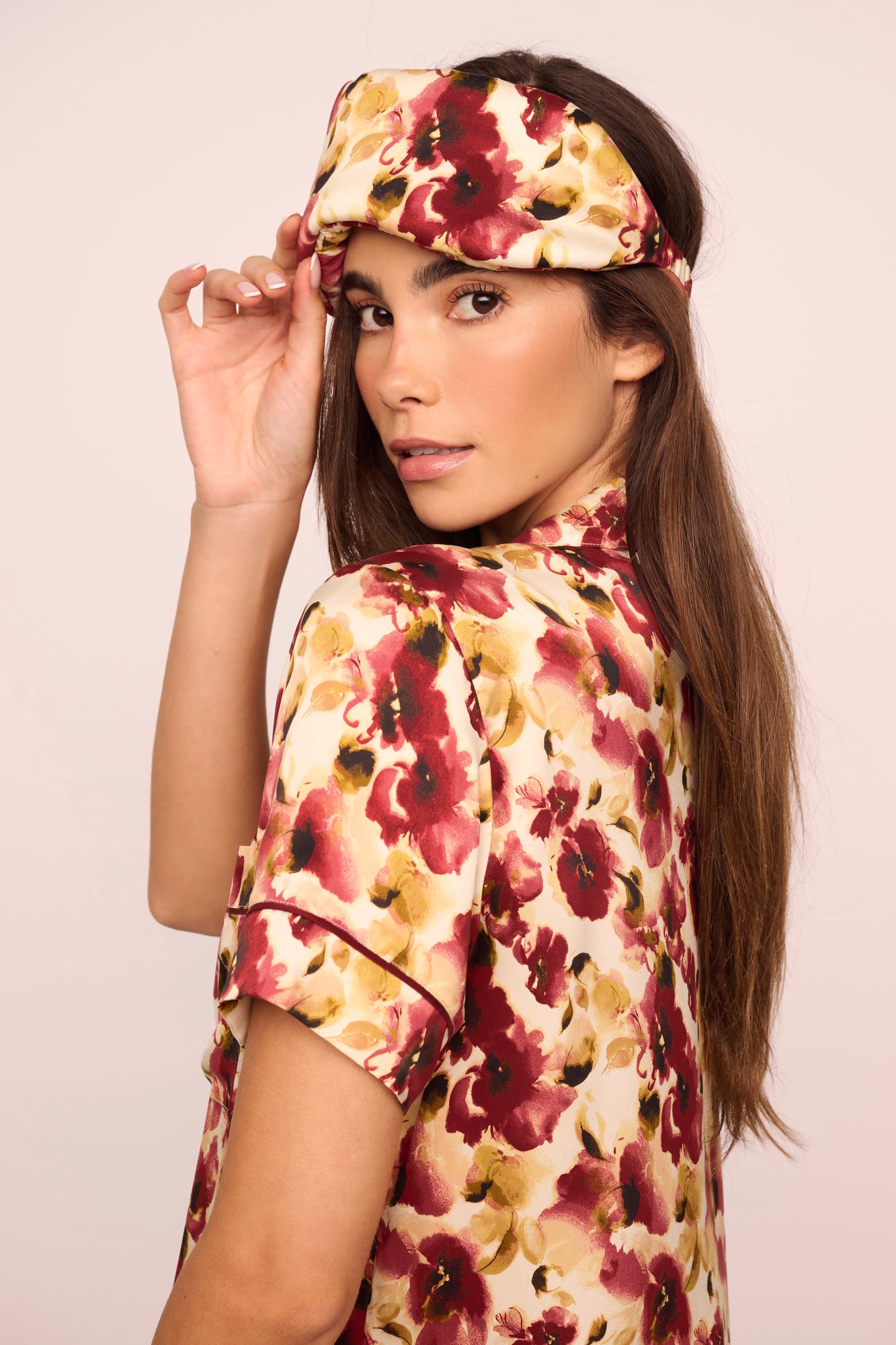 Womens | Eberjey x Lily Aldridge - Inez Washable Silk Printed Eye Mask | Botanical Flower Merlot