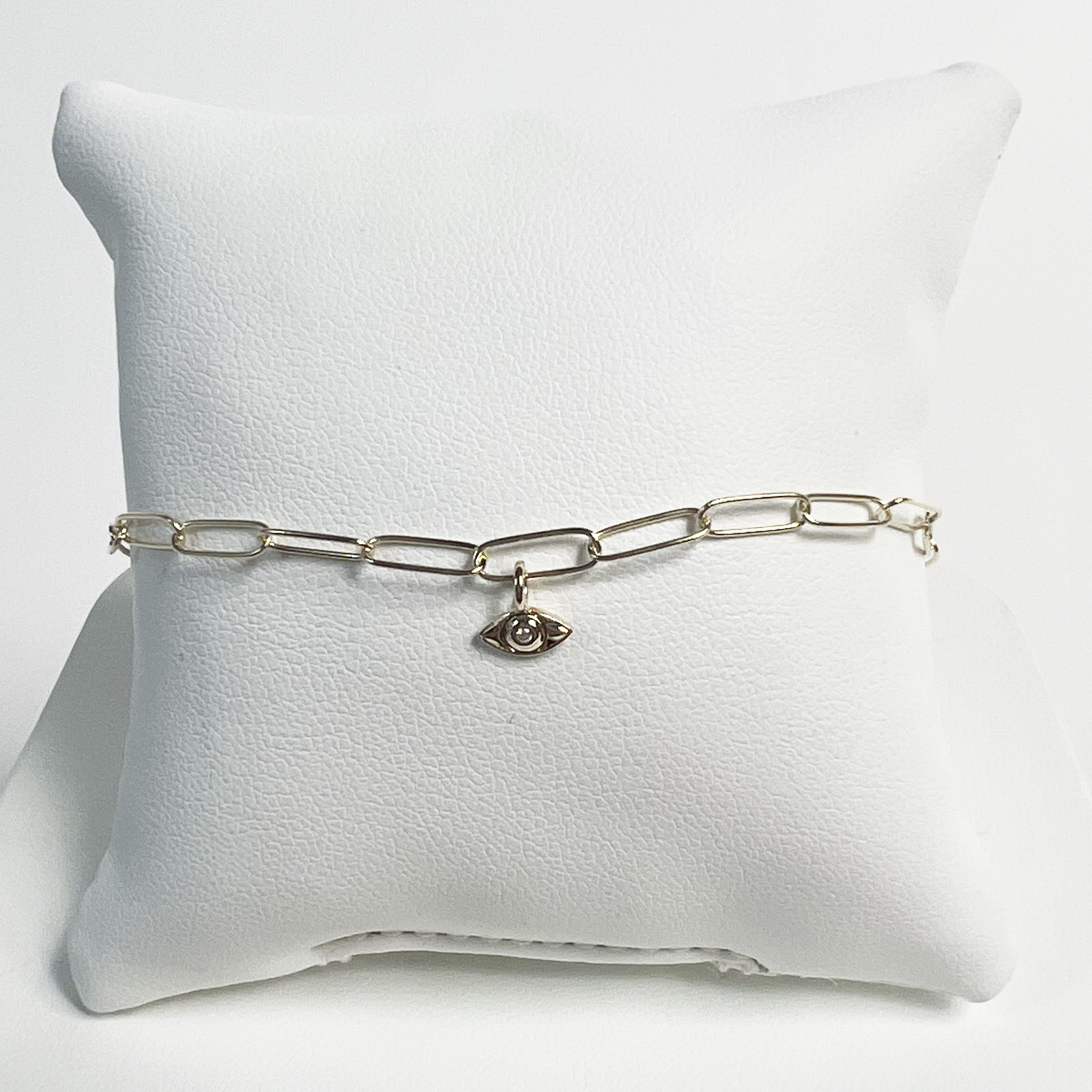 Evil Eye Paperclip Bracelet | 10K Yellow Gold | White Diamond