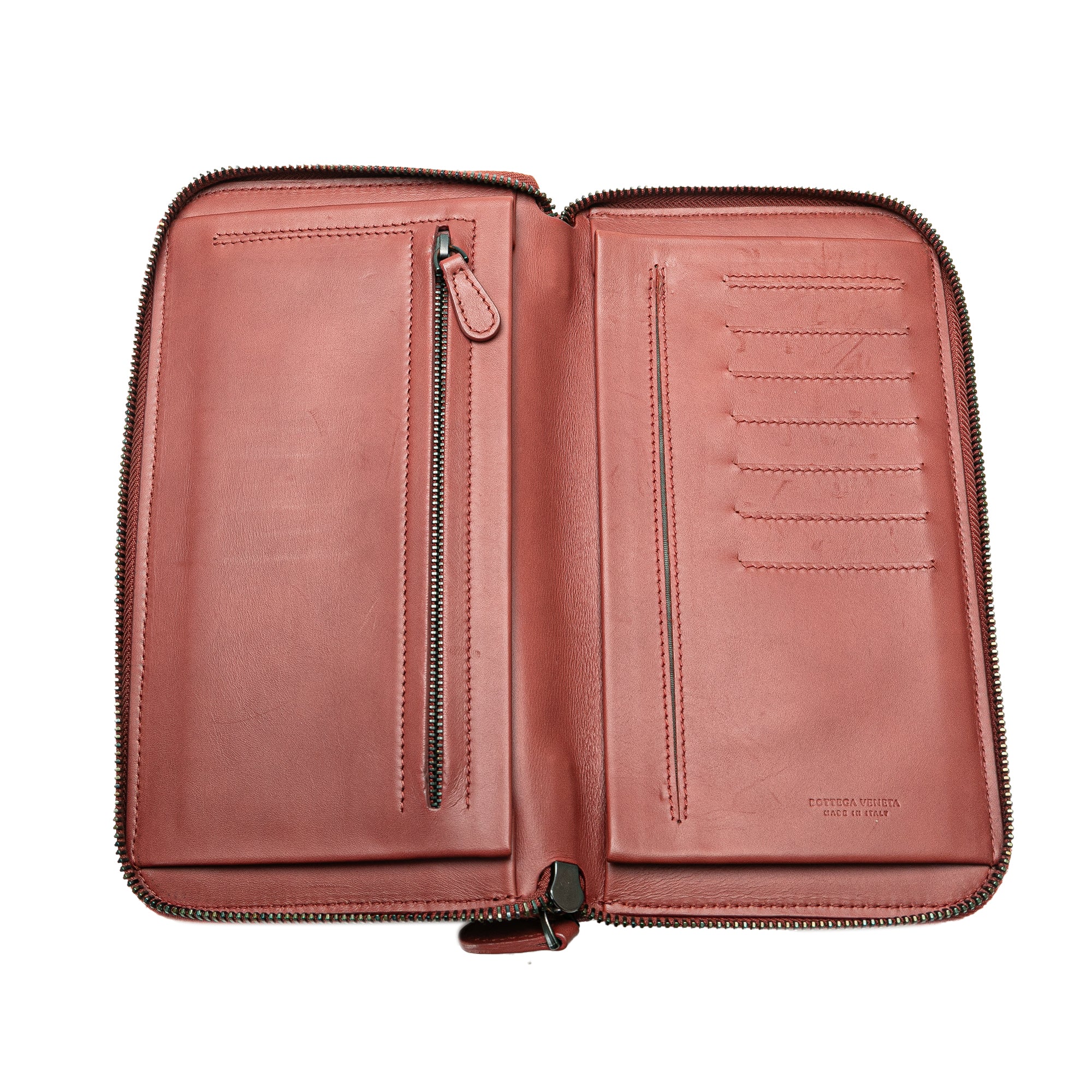 Bottega Veneta | Pre-Owned Intrecciato Zip Around Long Wallet | Red