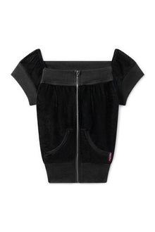 Women | Vintage Terry Off Shoulder Boho Zip Top | Black
