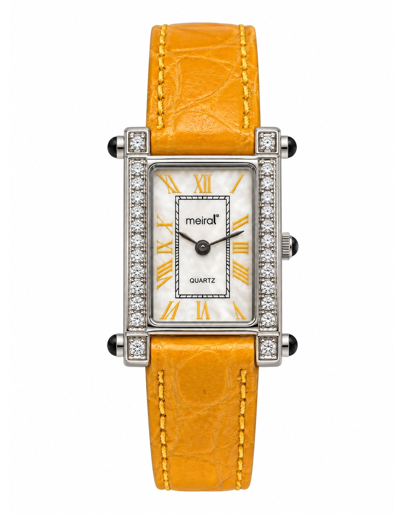 Yellow Diamond Rectangular Watch Genuine Leather Band | White