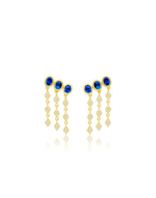 Yellow Gold Blue Sapphire and Diamond Fringe Earrings | 14K Yellow Gold