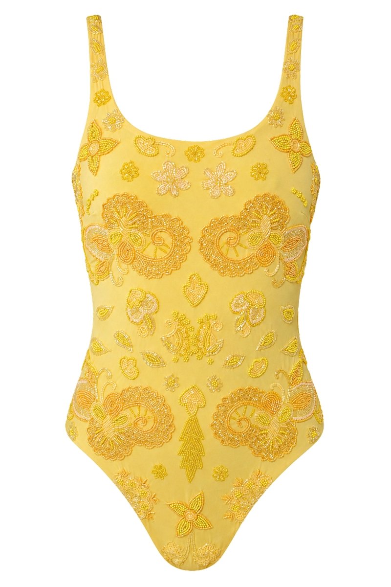 Floral Fiesta Hand-Beaded Embellished One-Piece Swimsuit- Yellow - Self-Adore