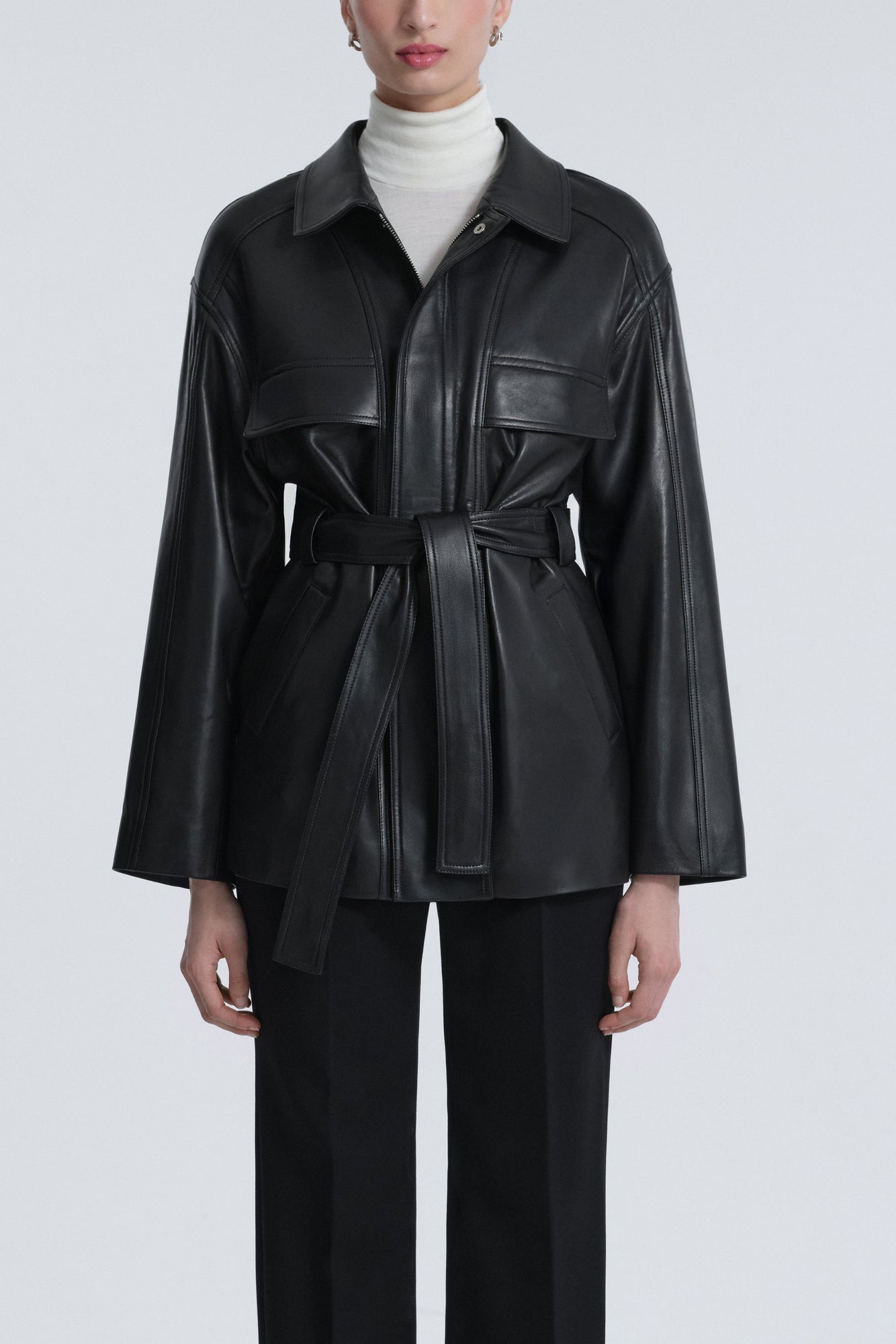 Model is Wearing Nour Hammour Zakary Soft Leather Jacket Black - Silhouette 