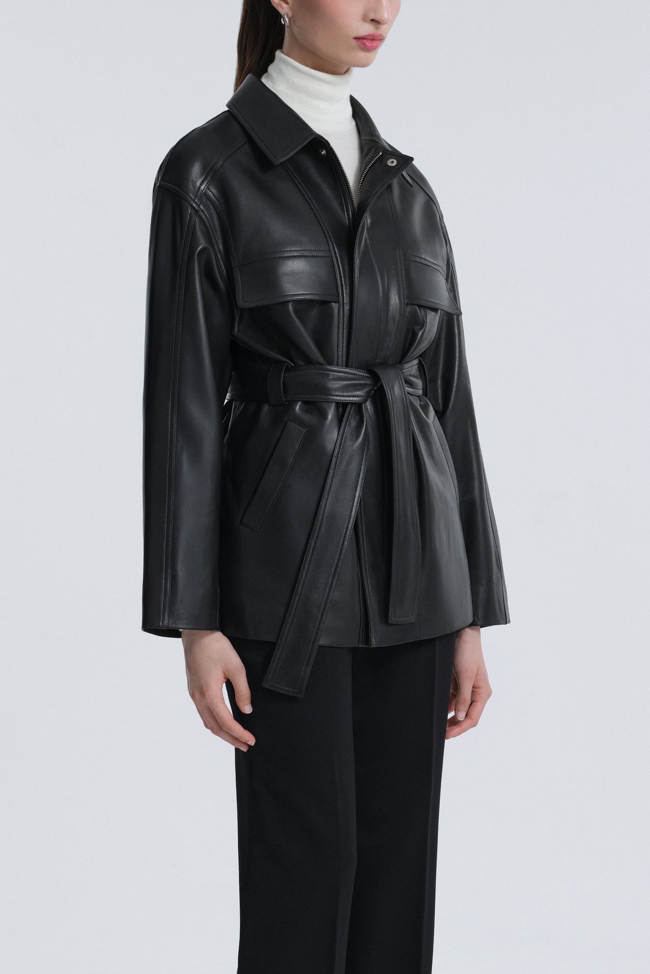 Model is Wearing Nour Hammour Zakary Soft Leather Jacket Black - Three Quarters