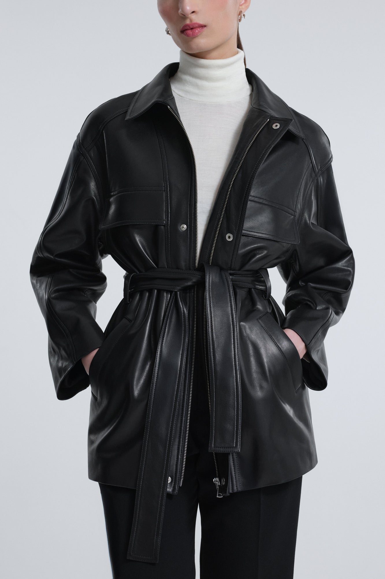 Model is Wearing Nour Hammour Zakary Soft Leather Jacket Black - Front