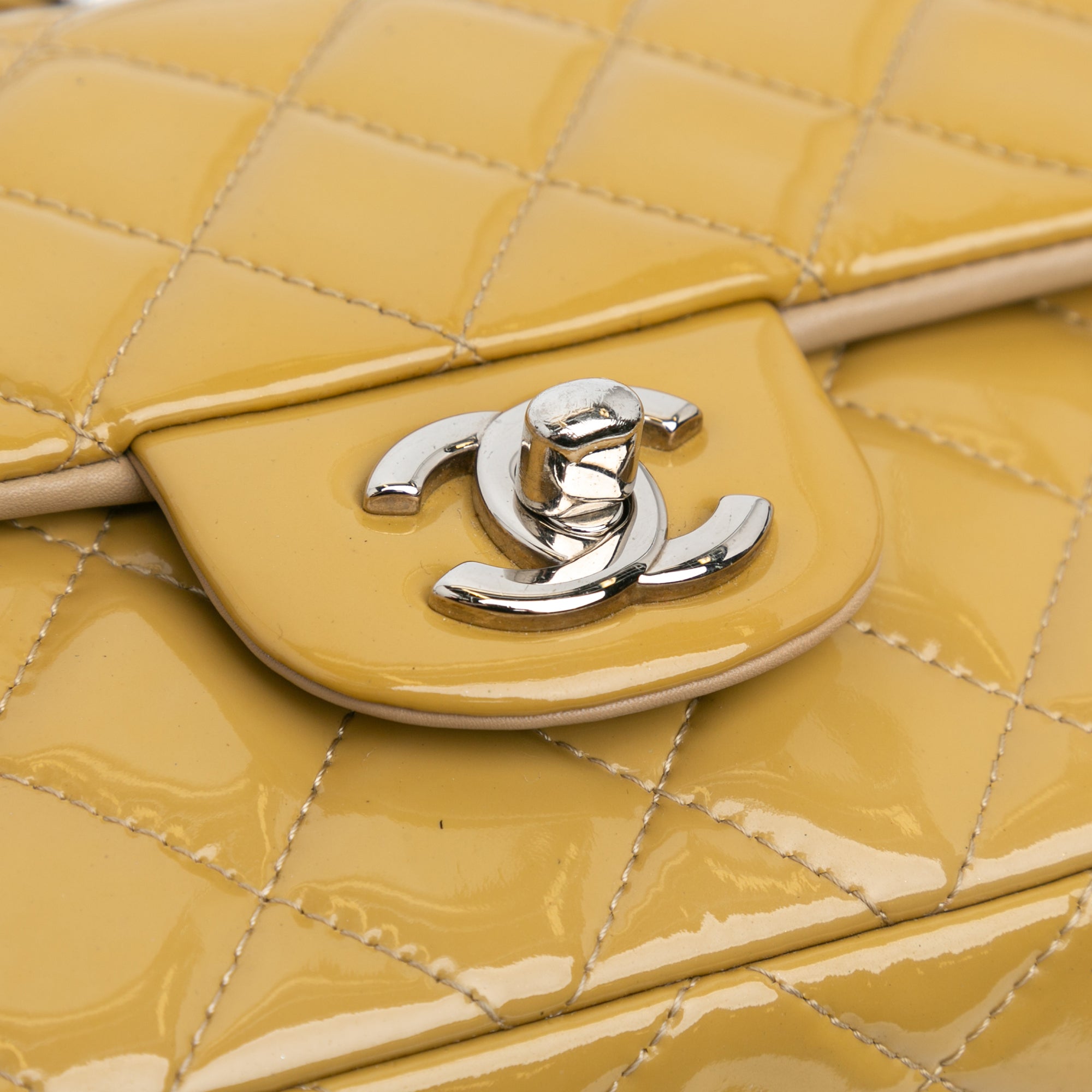 Chanel | Pre-Owned Mini Rectangular Classic Patent Single Flap | Yellow/Mustard