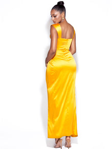 Zarah High Slit Corset Satin Dress | Yellow