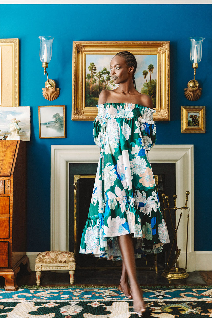 Zinnia Dress | Green Retro Dahlia