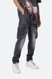 Zipper Inseam Cargo Denim | Washed Black