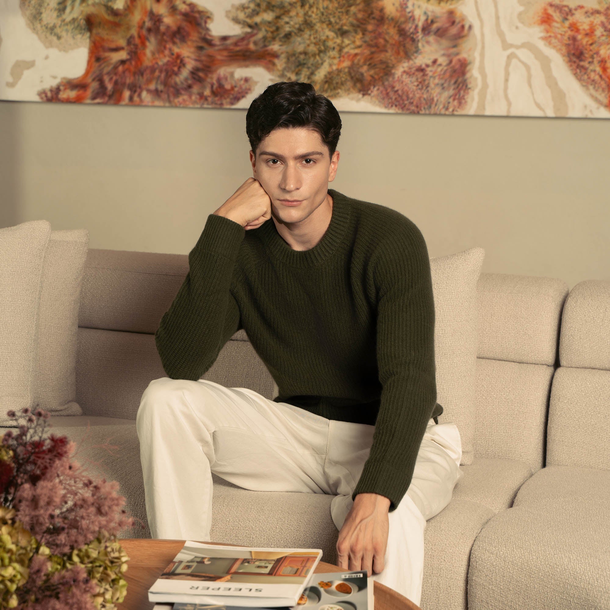 Aidan Chunky Cashmere Crewneck | Olive | Mens
