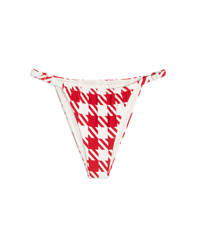 Adjustable Ruched Oversized Houndstooth Bikini Bottom | Cherry Red White