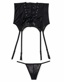 Adore Me Iris Underbust Corset & G-String Set in color Jet Black and shape corset