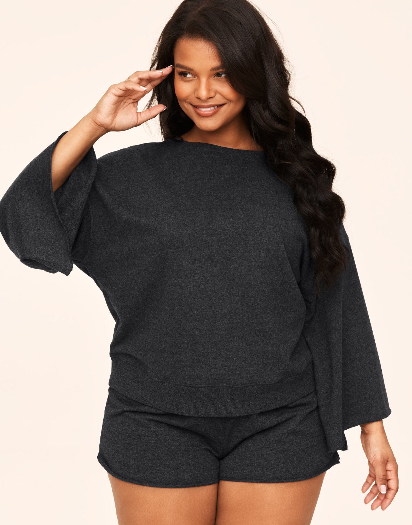 Adore Me Bailey Sweatshirt & Short Set in color Cyclo 102 Dark Heather Gray and shape pj