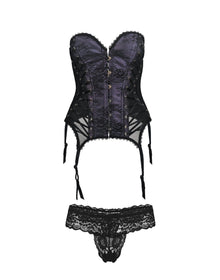 Adore Me Aurora Boned Corset & Thong Set in color Jet Black and shape corset