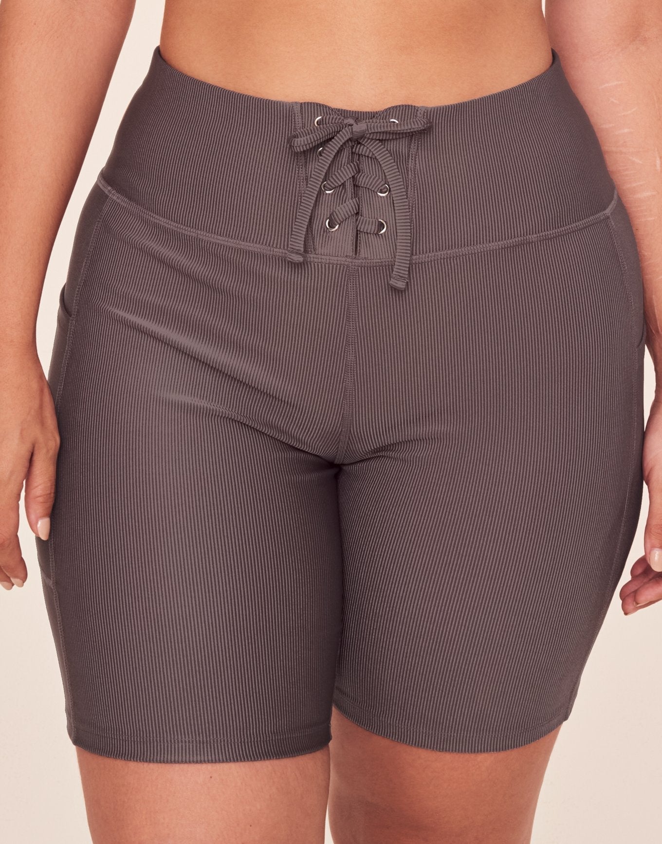 Adore Me Remy Rib Lace-Up Biker Short Ribbed Biker Shorts in color Brisket and shape short