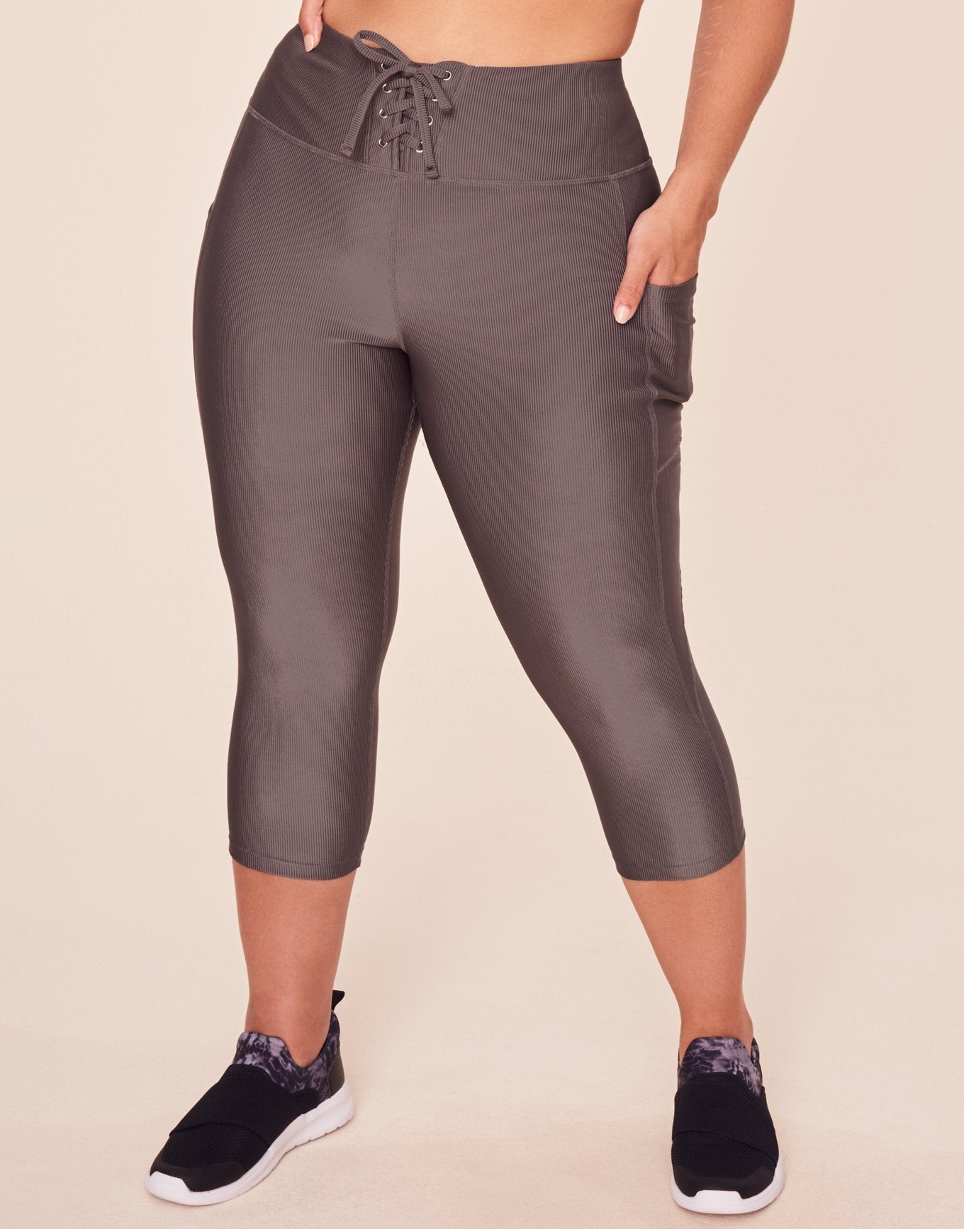 Adore Me Remy Rib Lace-Up Crop Ribbed Crop Bottoms in color Brisket and shape legging
