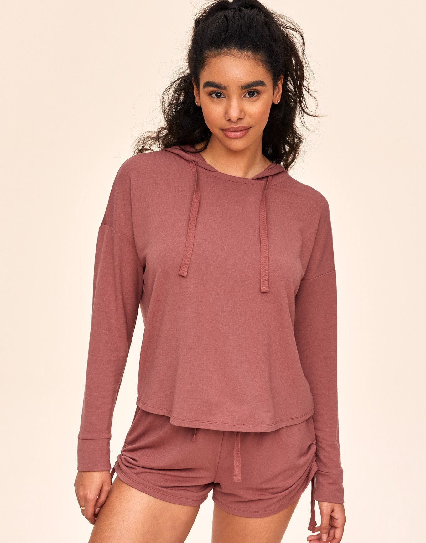 Adore Me Abbey Hoodie & Short Set in color Withered Rose and shape pj