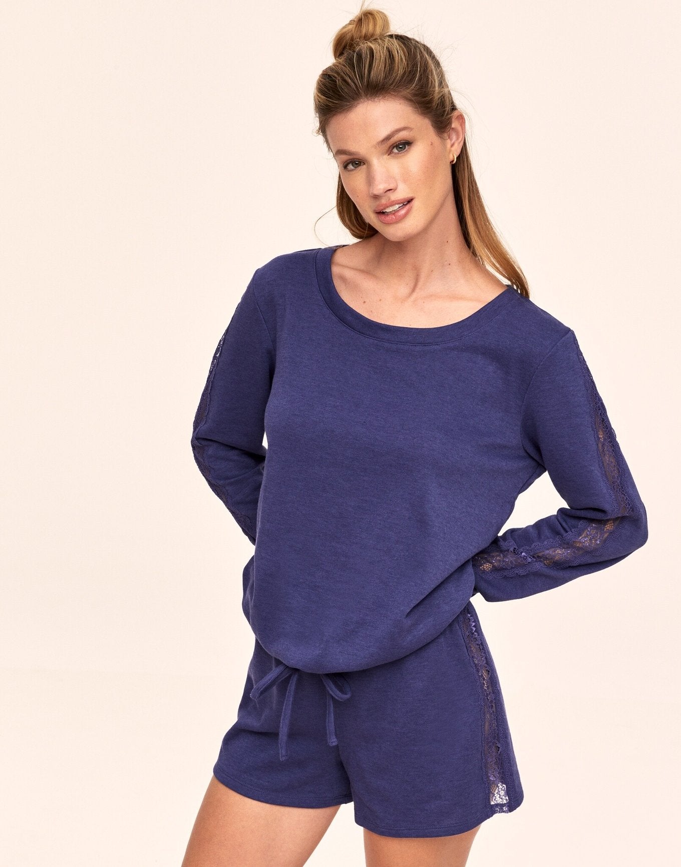 Adore Me Alexia Sweatshirt & Short Set in color Navy Blue and shape pj