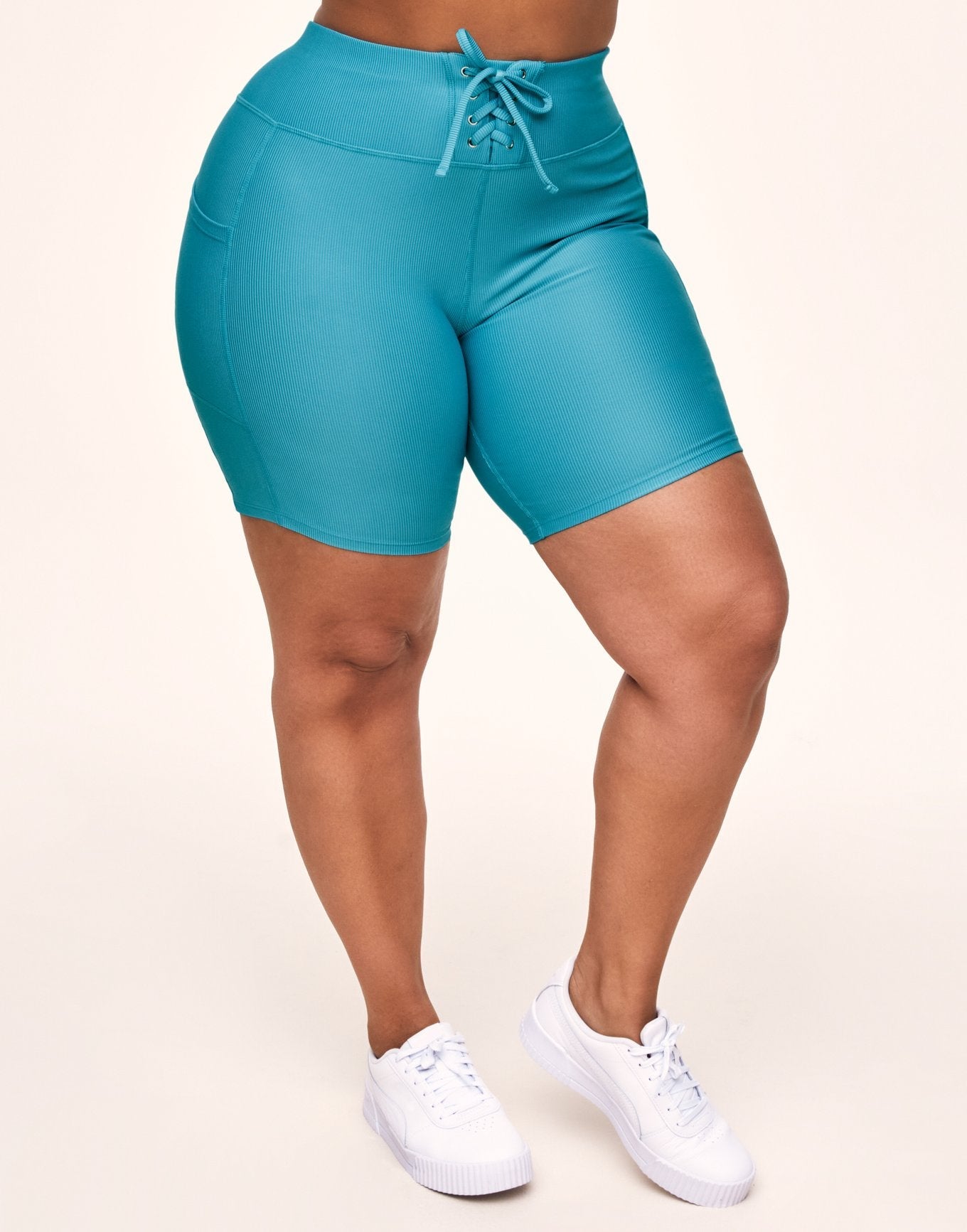 Adore Me Remy Rib Lace-Up Biker Short Ribbed Biker Shorts in color Delphinium Blue and shape short