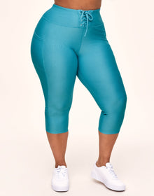 Adore Me Remy Rib Lace-Up Crop Ribbed Crop Bottoms in color Delphinium Blue and shape legging