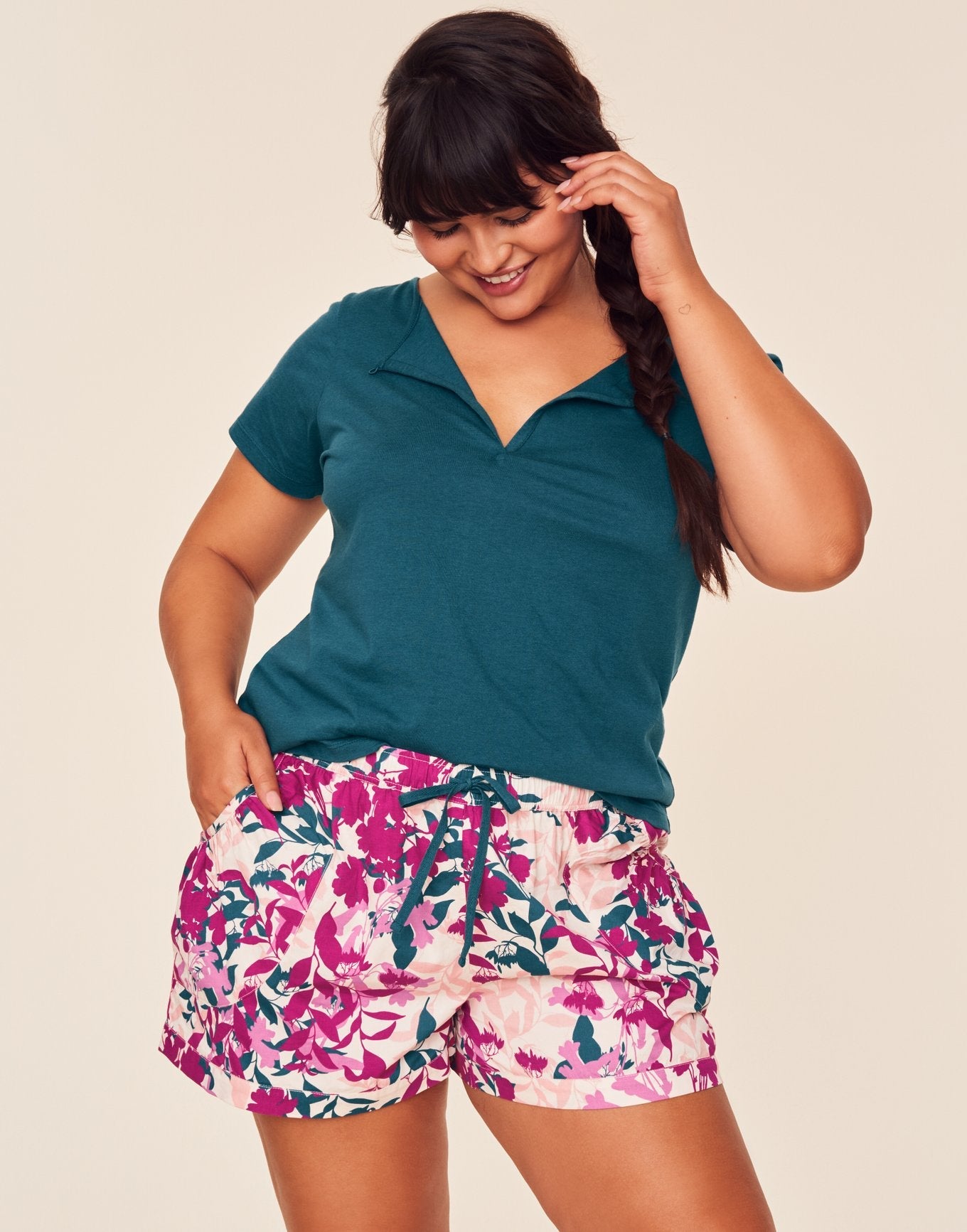 Adore Me Jacquelyn T-Shirt & Shorts Set in color Blooming Botanical C05 and shape pj