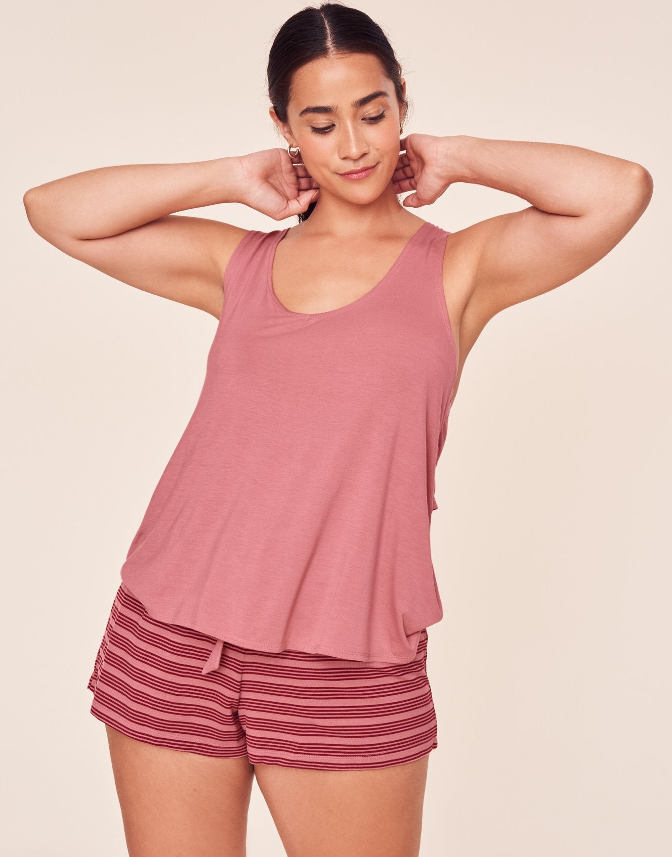 Adore Me Lois Tank & Shorts Set in color Rhubarb/ Brandied Apricot YD Stripe and shape pj