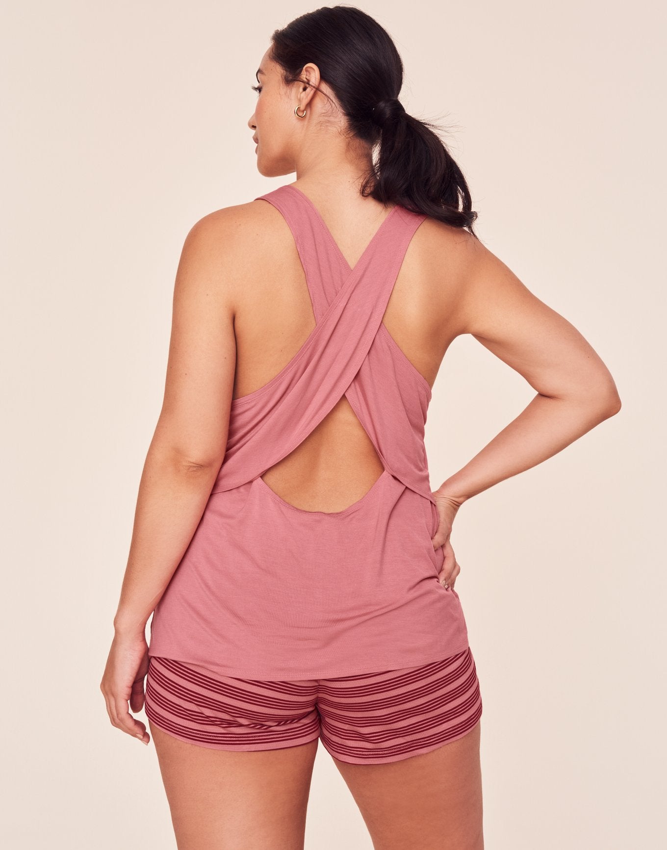 Adore Me Lois Tank & Shorts Set in color Rhubarb/ Brandied Apricot YD Stripe and shape pj