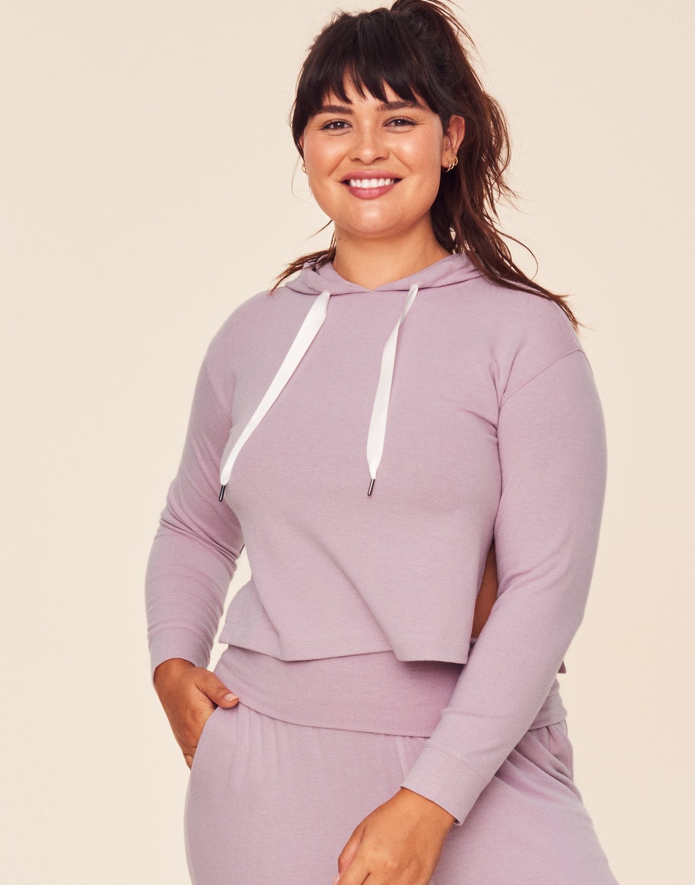 Adore Me Jilianne Cropped Hoodie in color Dawn Pink and shape hoodie
