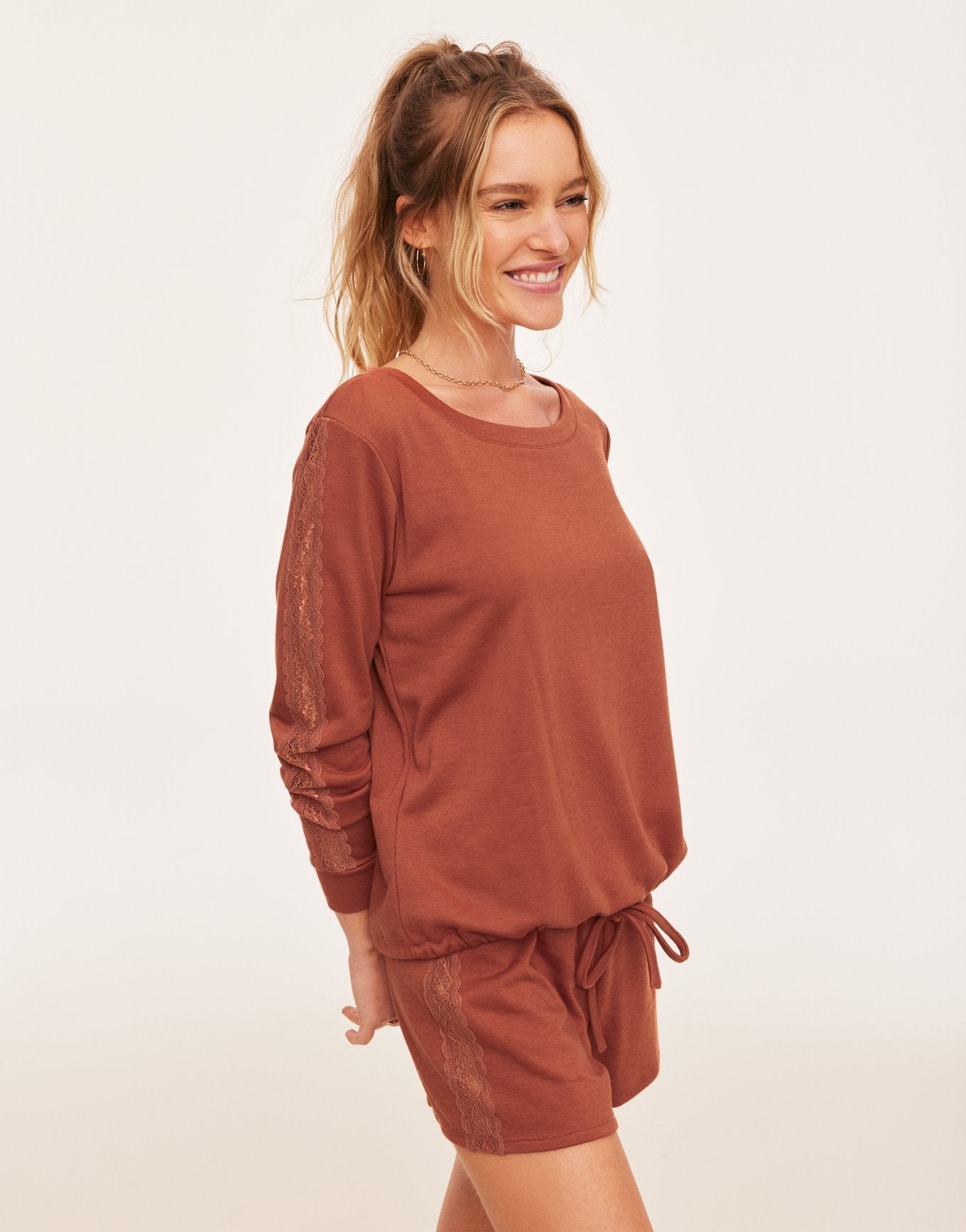 Adore Me Alexia Sweatshirt and Shorts Set in color Baked Clay and shape pj