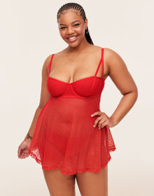 Adore Me Aubrey Unlined Babydoll & G-String Set in color Molten Lava and shape babydoll