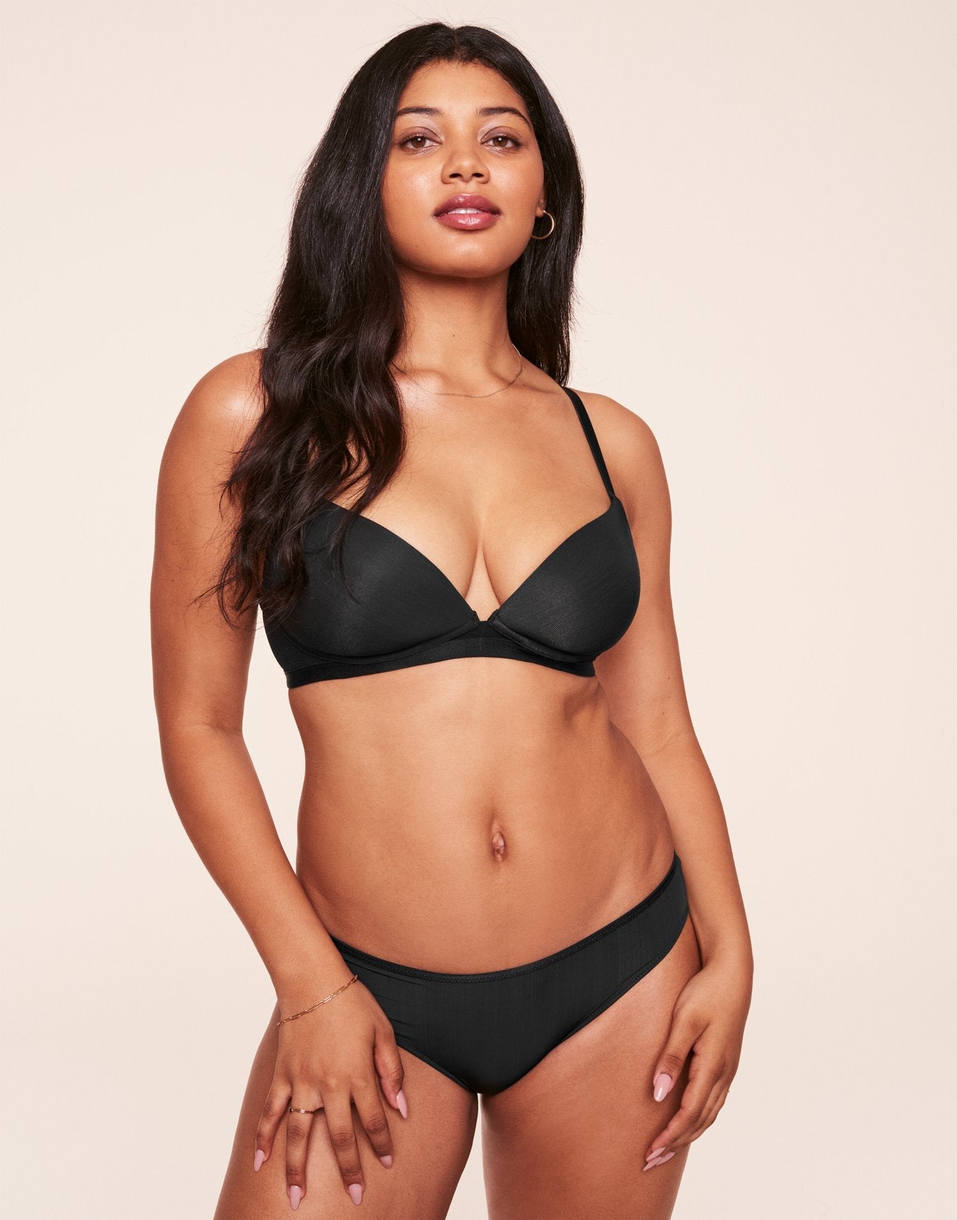Adore Me Elora Wireless Push Up Plunge in color Jet Black and shape plunge