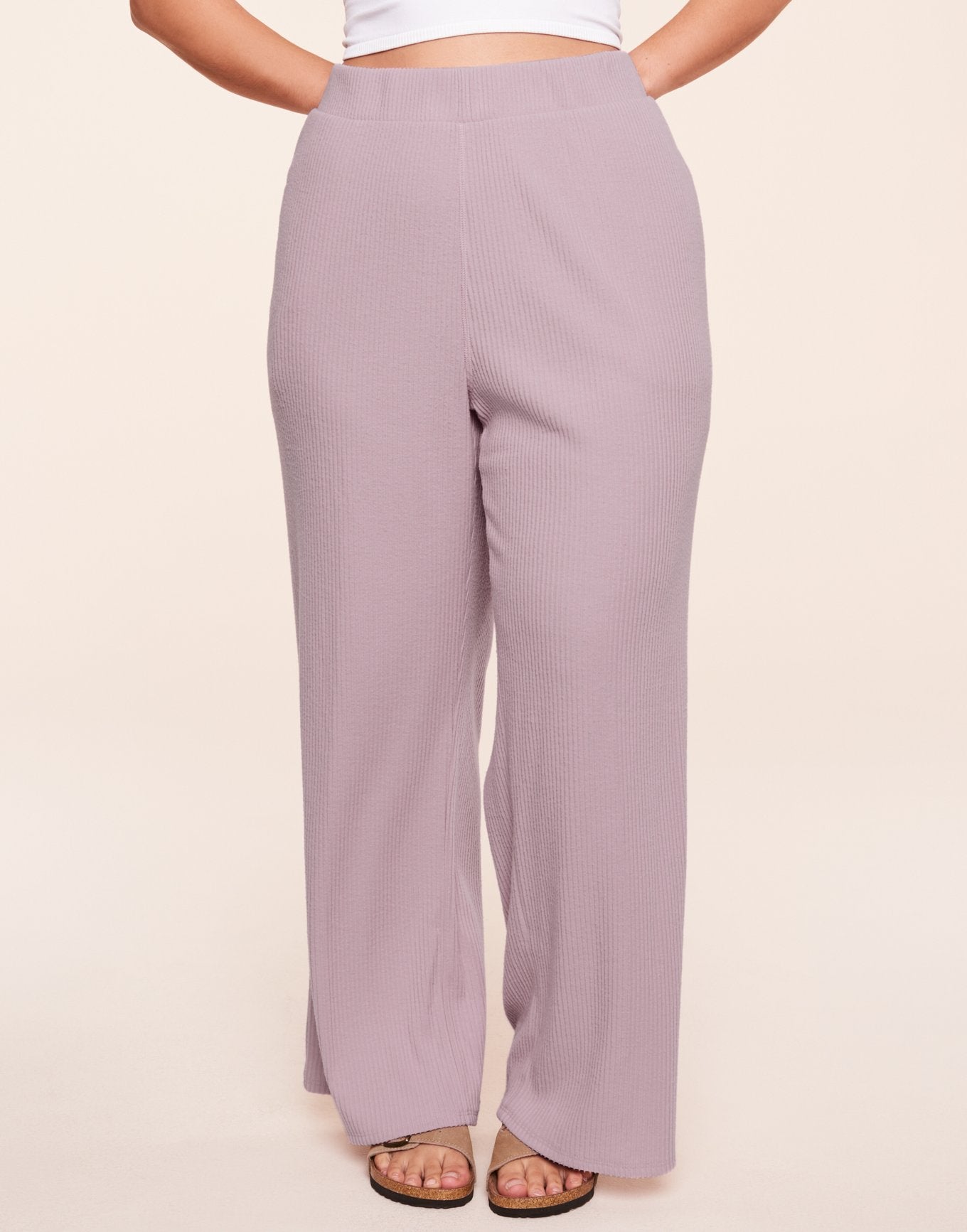Adore Me Riley Rib Lounge Pant Wide Leg Lounge Pants in color Dawn Pink and shape pant