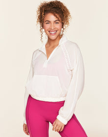 Adore Me Kailee Sheer Woven Outer Layer in color Whisper White and shape jacket