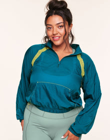 Adore Me Kailee Sheer Woven Outer Layer in color Deep Lagoon and shape jacket