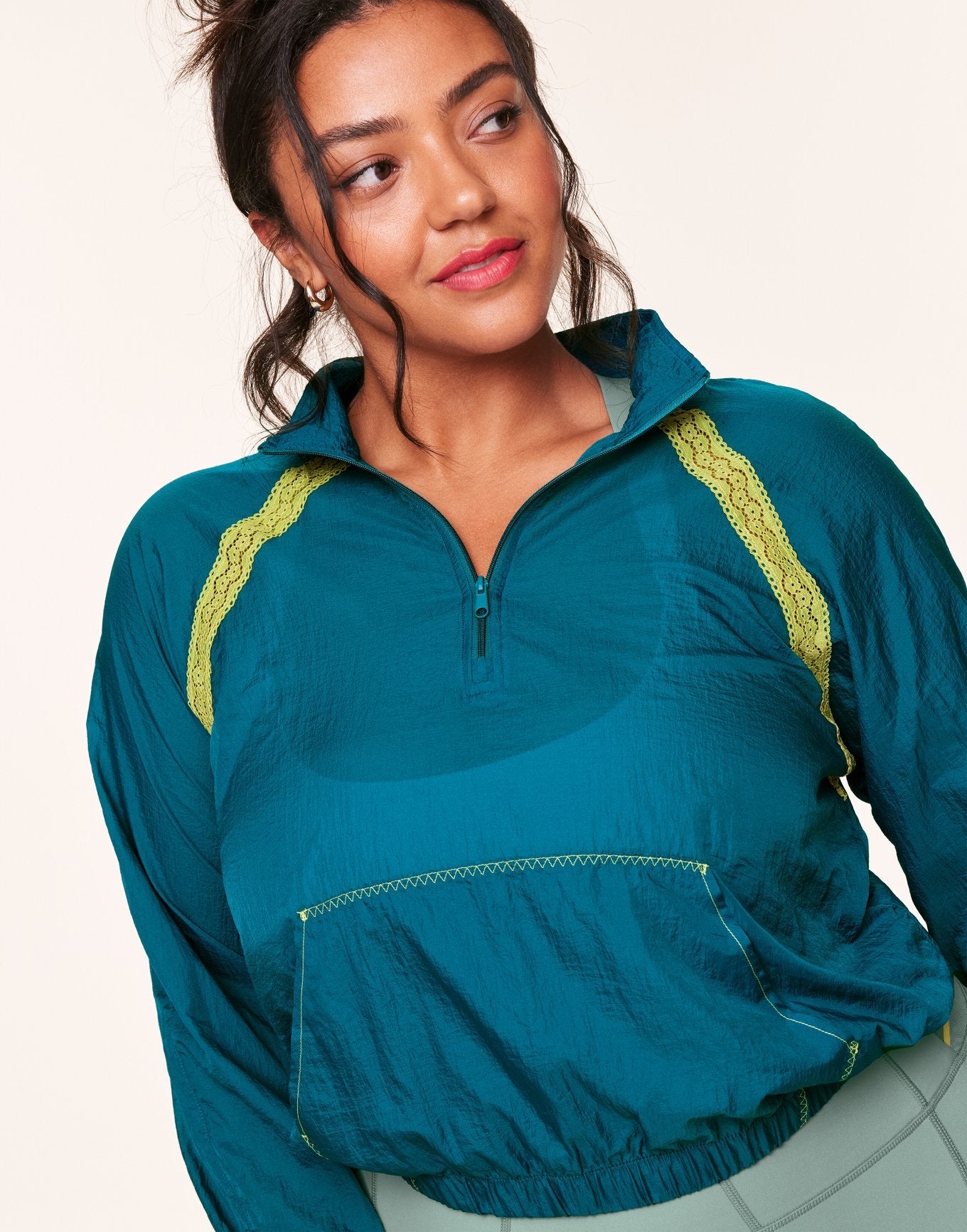 Adore Me Kailee Sheer Woven Outer Layer in color Deep Lagoon and shape jacket