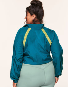 Adore Me Kailee Sheer Woven Outer Layer in color Deep Lagoon and shape jacket
