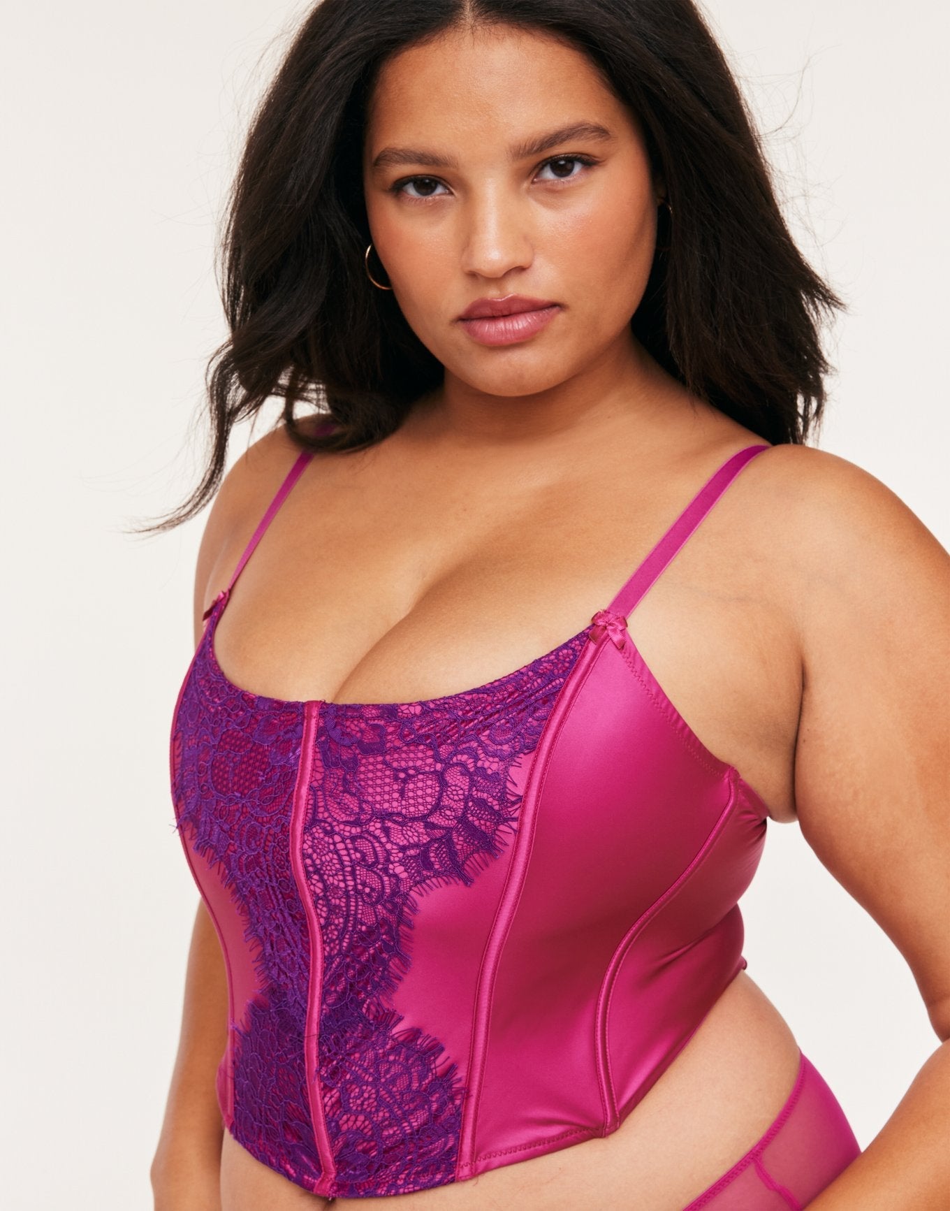 Adore Me Geneviève Cropped Corset & Panty Set in color Festival Fuchsia and shape corset