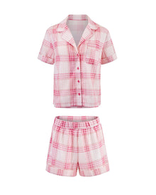 Adore Me Lucero Short Sleeve Top & Shorts PJ Set in color Nautical Gingham C01 and shape pj