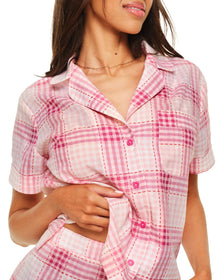 Adore Me Lucero Short Sleeve Top & Shorts PJ Set in color Nautical Gingham C01 and shape pj
